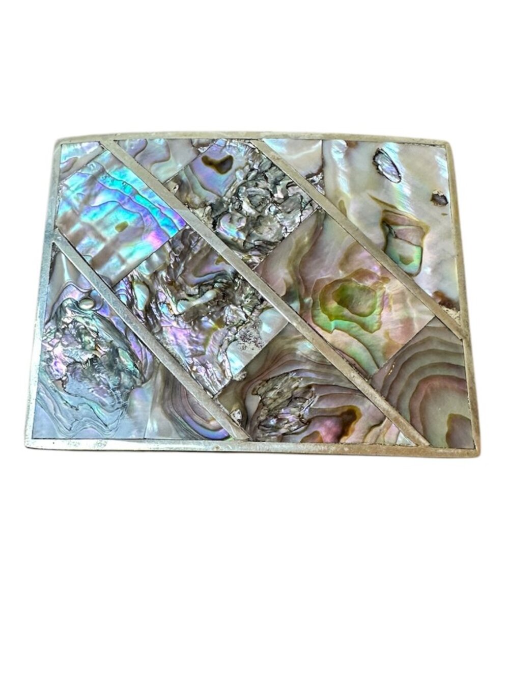 Vintage Alpaca Mexico Belt Buckle Silver & Inlay Abalone Shell 3"